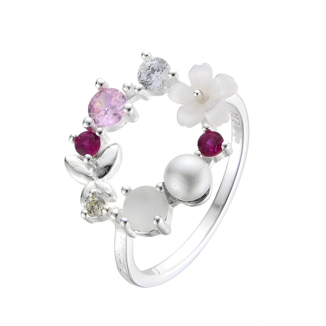 Anillo de flores con perla